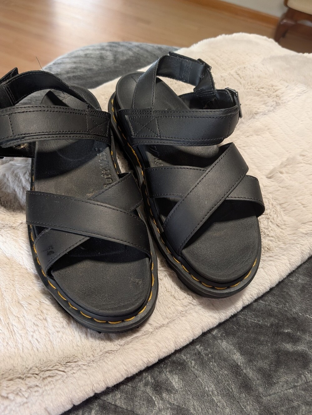 Doc Martens Black Strappy Platform Sandals with Yellow Stitching